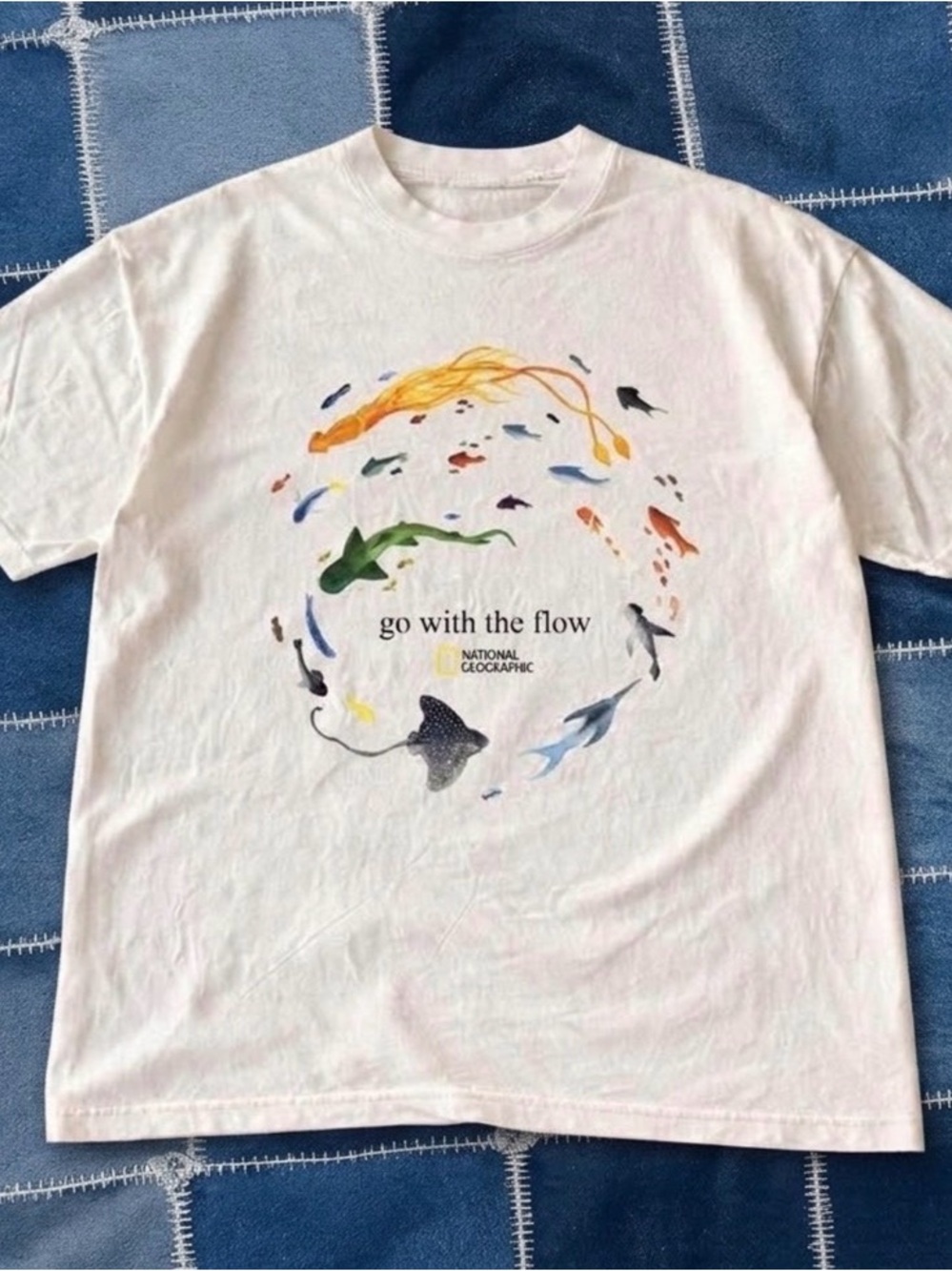 White National Geographic go with the flow T shirt